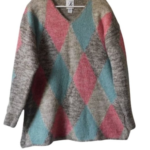 Vintage Womens JK America Mohair Blend Argyle V Neck Pullover Sweater - Picture 1 of 3